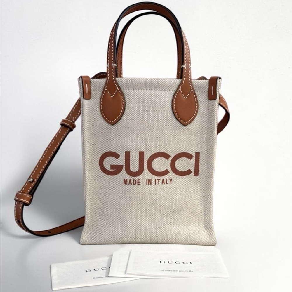 Gucci Mini Canvas Tote Bag Brown Leather Logo Crossbody NEW Full Set - Picture 8 of 8